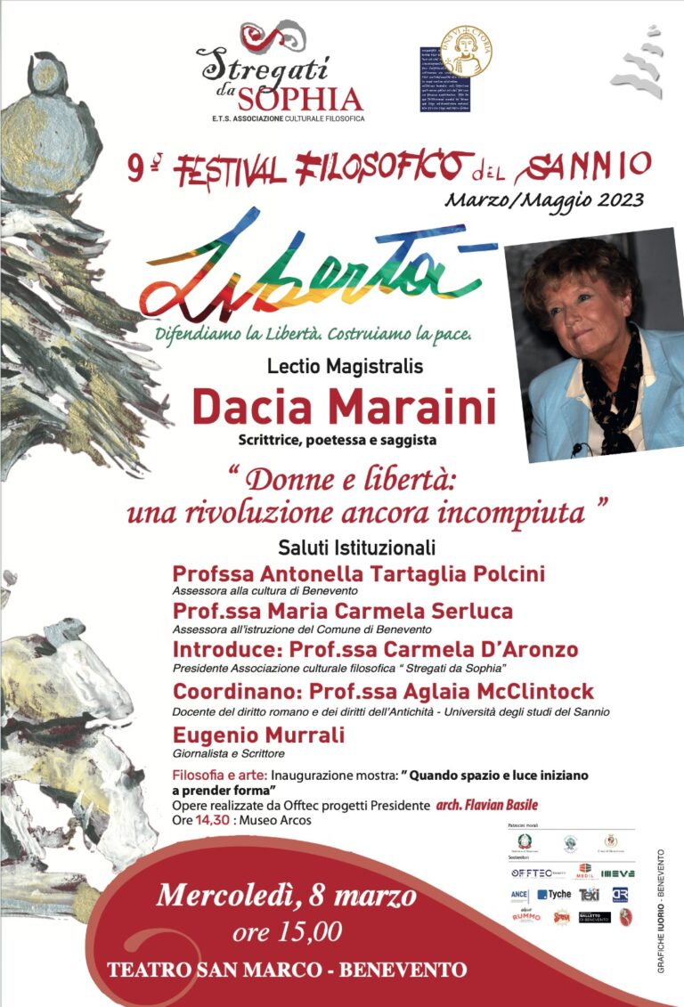 9° Festival Filosofico del Sannio. La lectio Magistralis sarà affidata alla scrittrice Dacia Maraini