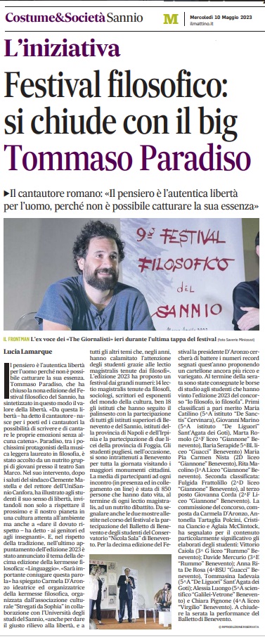 IlMattino – Festival filosofico:si chiude con il bigTommaso Paradiso